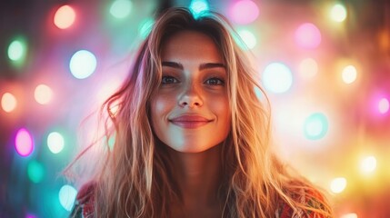 A cheerful woman is smiling, illuminated by bright and colorful holiday lights, capturing the essence of joy and celebration during festive seasons and special moments.