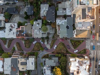 Aerial view of cars driving down Lombard Street, known for its steep, one-block section with eight...