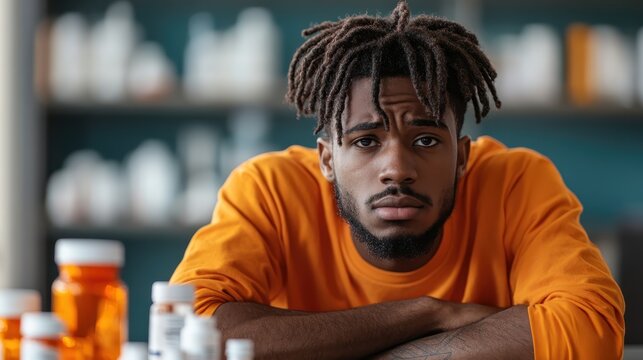 A young man looks concerned while surrounded by various medication bottles, highlighting the struggles of mental health and the importance of seeking help and support.