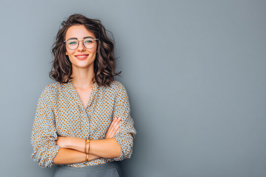 A confident woman portrait a smiling woman with glasses