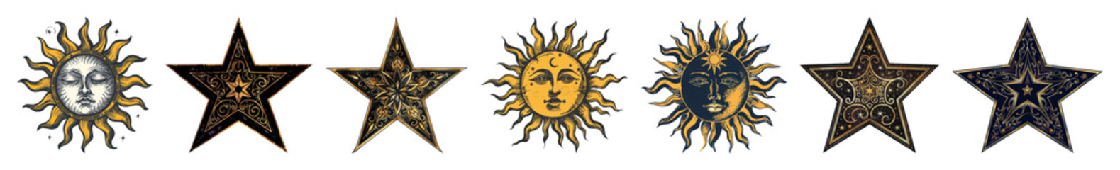 Obraz premium PNG Vintage celestial sun star designs, element set on transparent background