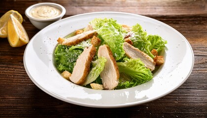 chicken caesar salad on white plate on old wooden table