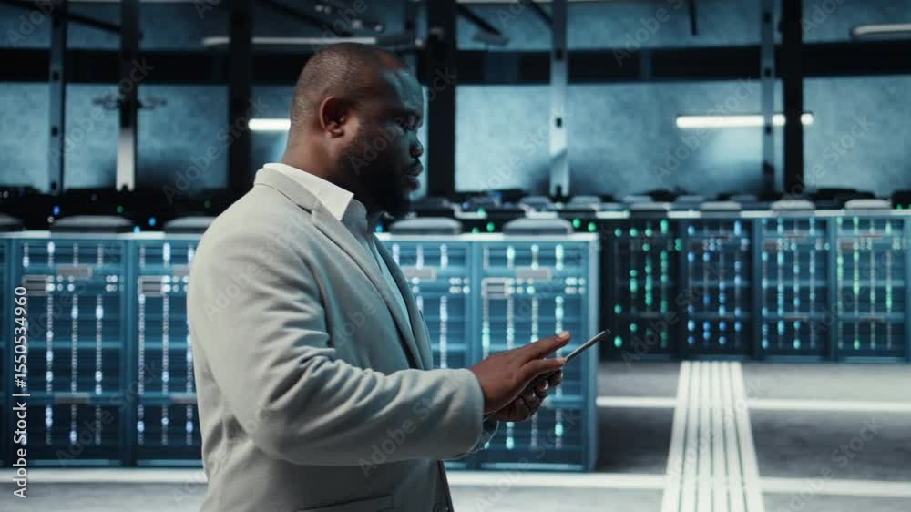 Poster technician working in high tech server hub, analyzing data on tablet to ensure seamless data flow. i