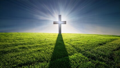 a glowing cross casting a long shadow on a peaceful green meadow symbolizing the path of righteousness