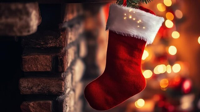 christmas stocking with gifts on red background bokeh video 4k