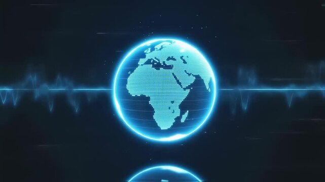 A spinning digital planet Earth with a bright blue glow and pixelated continents. - Powered by Adobe