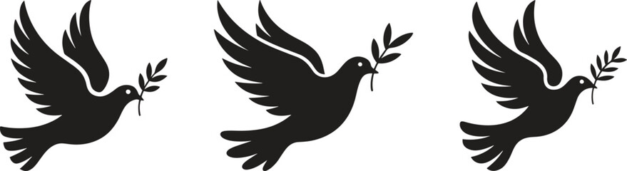 Obraz premium Silhouette Doves Of Peace With Olive Branches Icons. Freedom, Harmony, Symbol Vector Illustration Isolate on White Background