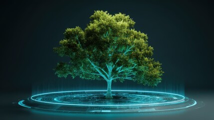 A futuristic financial concept with a digital hologram of a green tree, symbolizing carbon credit investments and sustainability.