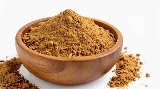 Cumin powder in wooden bowl with seeds scattered around on white background, representing a natural spice for cooking.