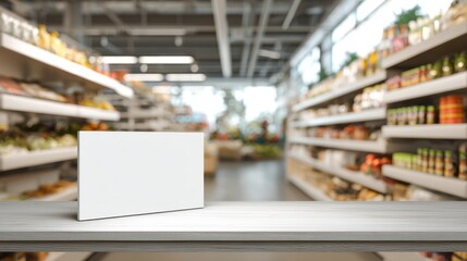 Fototapeta premium Empty retail shelf with white billboard, blurred supermarket environment, photorealistic perspective.