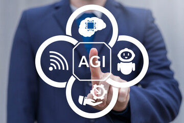 Person using virtual touch screen presses the abbreviation: AGI. AGI Artificial General Intelligence. AI brain powered machine learning.