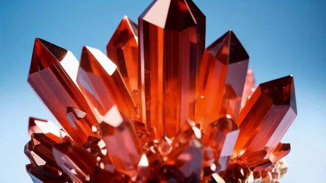 Cluster of sparkling red crystals with multifaceted surfaces against a bright sky background, mineral collection and stone formation concept