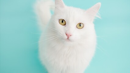 Turkish angora cat posing on light blue background