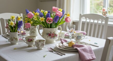 Fototapeta premium Pastel Spring Flowers Table Setting with Vintage Dinnerware