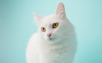 Turkish angora cat posing on light blue background