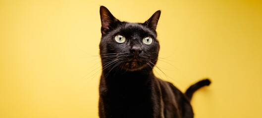 Black cat posing on yellow background: focusing its green eyes