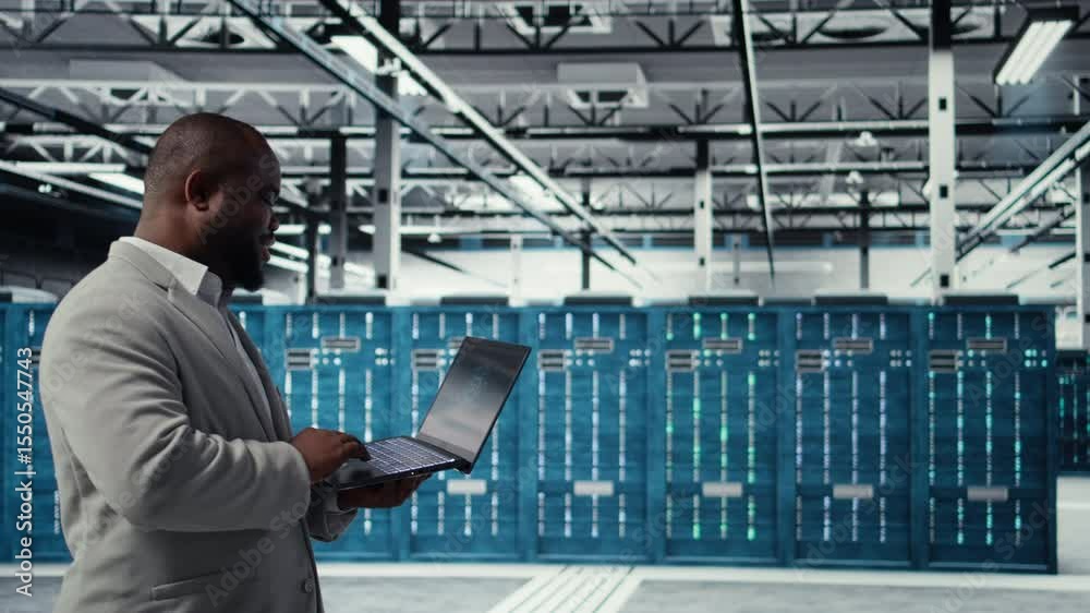 Poster data center engineer deploying ai driven management tools using laptop. server farm employee inspect