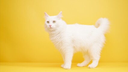 White turkish angora cat standing on yellow background