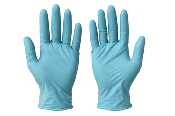 Obraz premium Medical professional wearing blue nitrile gloves, providing sanitary protection and barrier against contamination with clean transparent backdrop