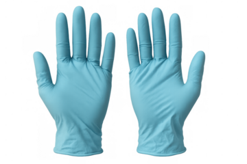 Medical professional wearing blue nitrile gloves, providing sanitary protection and barrier against contamination with clean transparent backdrop