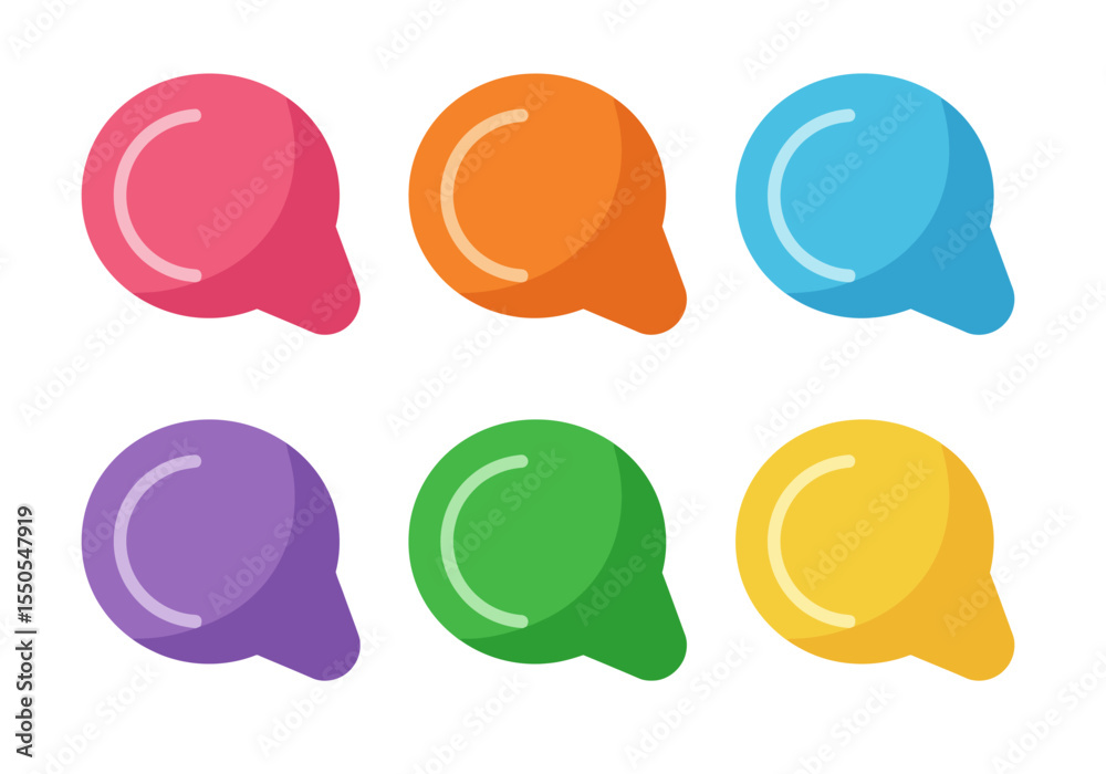 Poster 6 colorful rounded shapes like chat bubbles displayed in two rows on a white background
