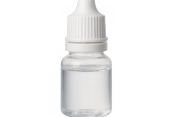 Transparent glass dropper bottle holding clear liquid, positioned against neutral backdrop, representing skincare, medical, or cosmetic packaging design