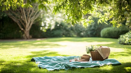 Sunny Spring Picnic Basket on Green Grass