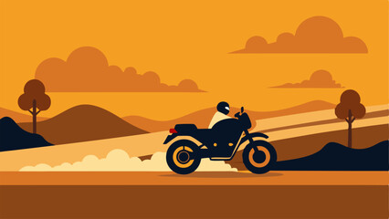 Fototapeta premium Dust Cloud A motorcycle kicking up dust as it speeds along a dirt road with shadows of police vehicles just visible in the background.