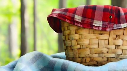 Obraz premium Rustic Picnic Basket Covered in Red Plaid Cloth