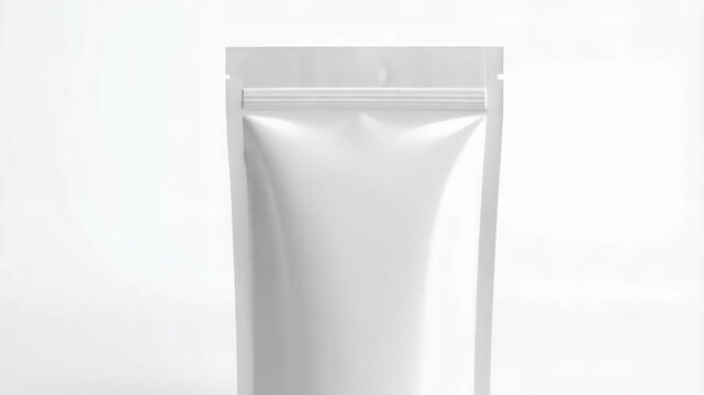 White glossy stand-up pouch with ziplock for food product packaging on white surface. Mockup template.
