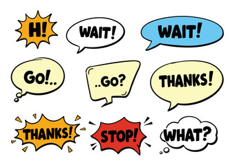 Obraz premium Colorful speech bubbles display expressions H WAIT Go THANKS STOP and WHAT