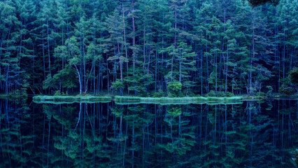 Mishaka Pond with green trees reflection early in the morning.