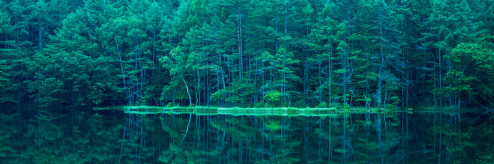 Mishaka Pond with green trees reflection early in the morning.