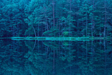 Mishaka Pond with green trees reflection early in the morning.