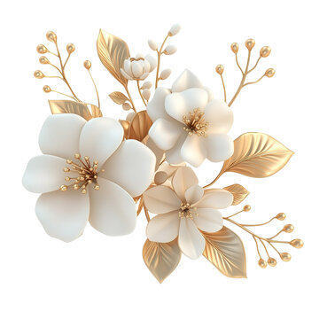 Elegant bouquet of white and gold flowers isolated on transparent background.