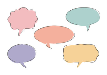 Five colorful speech bubbles with black outlines arranged on a white background