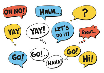 Graphic shows speech bubbles with expressions like OH NO and Hi in various colors
