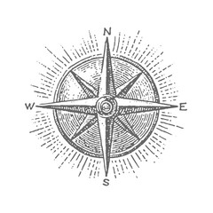 Compass Rose. Vintage rough woodcut engraving linocut style vector illustration. © RetroVector