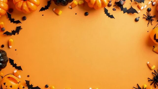 Halloween decorations border on orange background with copy space, pumpkins, bats, spiders, candy corn, and candies in flat lay arrangement.