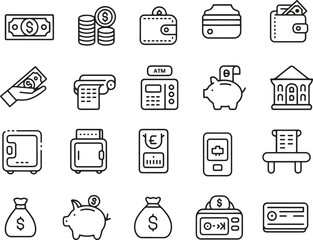 Money line icons set. Cash, coins, wallet, savings. editable stroke. vector illustration