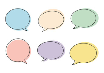 Six colorful speech bubbles arranged in two rows on a white background