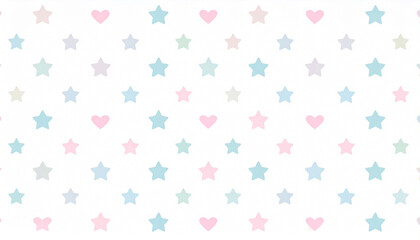 Pastel pink, blue, and green stars and hearts on a white background in a repeating pattern