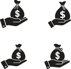 A black Money bag on the hand silhouette design icon logo illustration isolated on white background