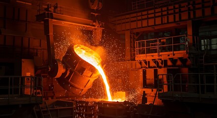 An intense and dramatic shot of glowing, molten steel being poured from a massive industrial ladle, creating a shower of bright orange sparks against a dark foundry background.