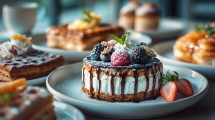 Delicious dessert display with assorted pastries and cakes
