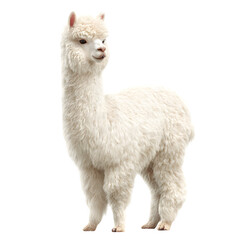 Fototapeta premium A fluffy alpaca standing upright, soft white fleece, long neck and curious expression. Emphasize the wooly texture and clean profile. 8K, high detail, ultra-sharp, transparent background style