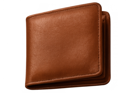 Closed brown leather wallet floating on a transparent background, perfect for e-commerce and mockups