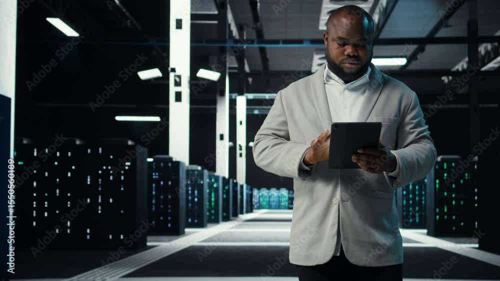 Poster system administrator walking in data center analyzing infrastructure performance outputs on tablet. 