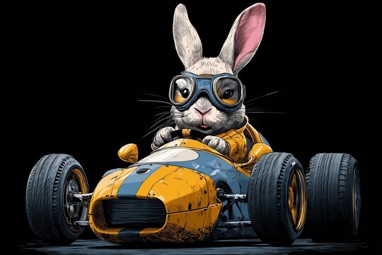 Cute rabbit in a race car wearing racing goggles on a dark black background as a digital illustration featuring gold, yellow and blue