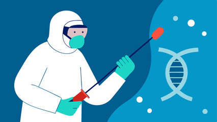 Collecting Possible DNA Evidence An illustration showing a gloved investigator using a swab to collect a sample from a suspected source highlighting sensitivity in DNA collection.